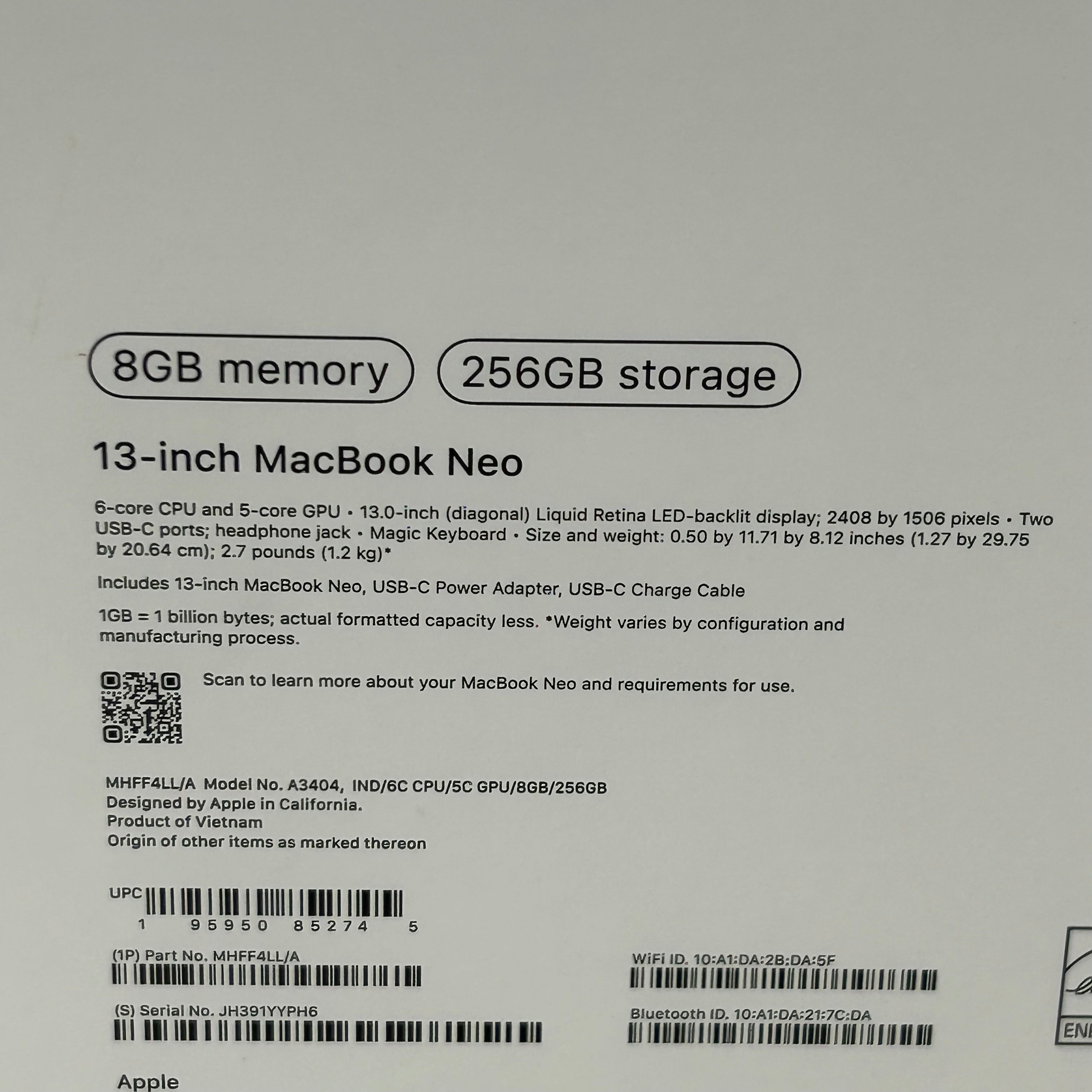 NEW Apple MacBook Neo A18 Pro 8GB RAM 256GB SSD - INDIGO - MHFF4LL/A - A3404