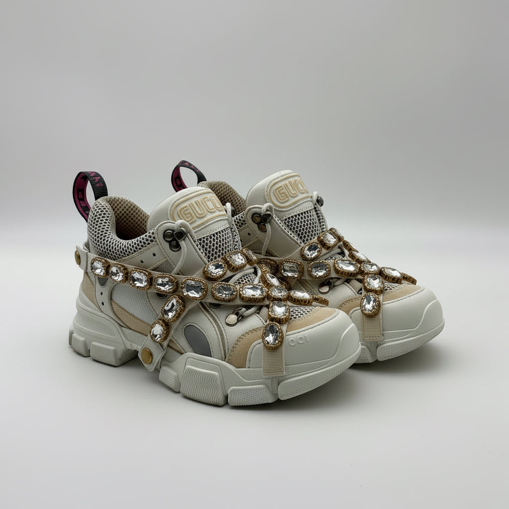 Gucci FlashTrek White Sneakers Women 6.5 Crystal Straps Authentic