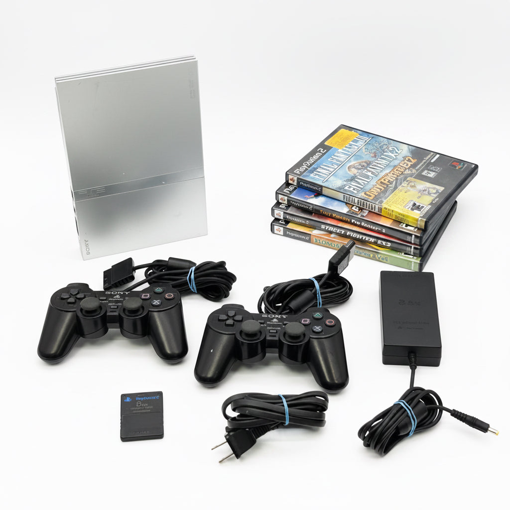 Sony PlayStation 2 Slim Satin Silver Console Bundle SCPH-77001 - Tested