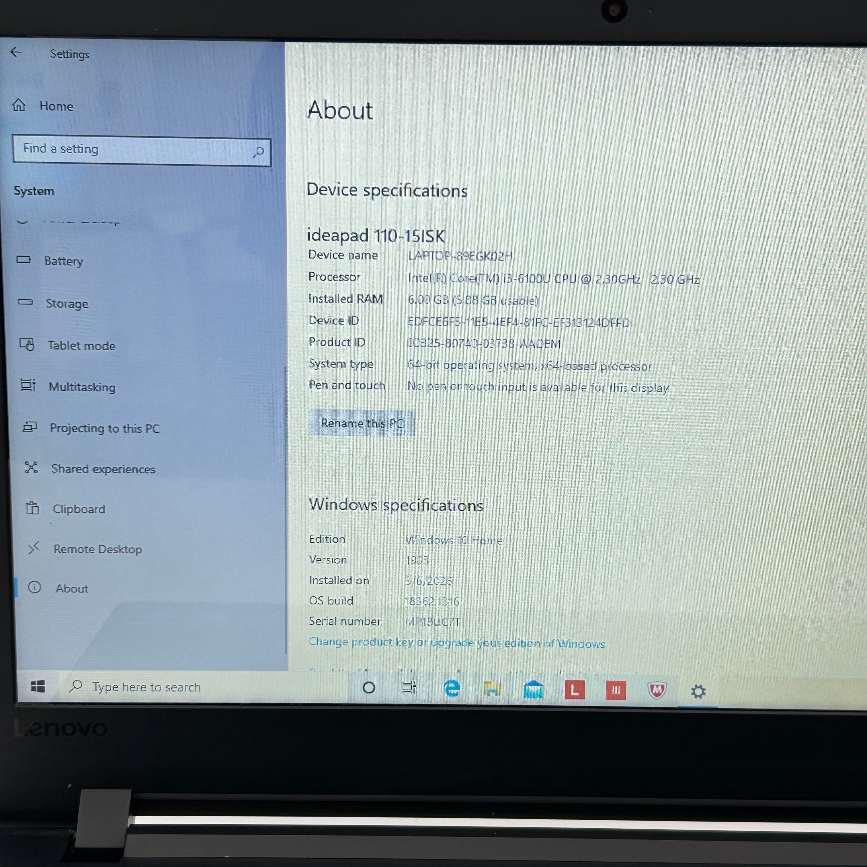 Lenovo IdeaPad 110‑15ISK 15.6" HD i3 6100U 6 GB RAM 1 TB HDD Black