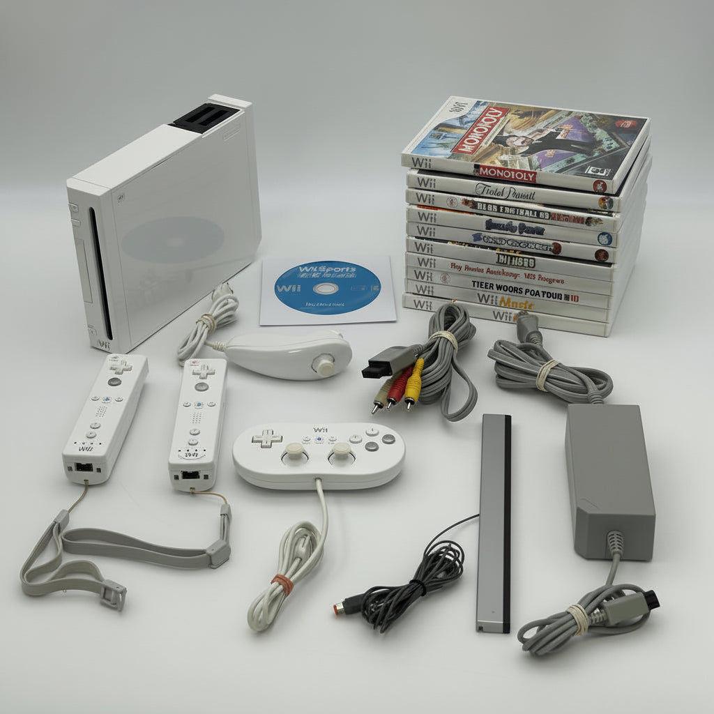 Nintendo Wii RVL-101 Console Bundle Controller Nunchuck Cords Sensor 11 Games