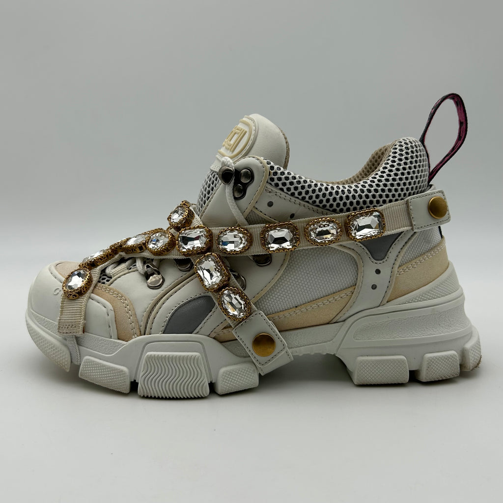 Gucci FlashTrek White Sneakers Women 6.5 Crystal Straps Authentic