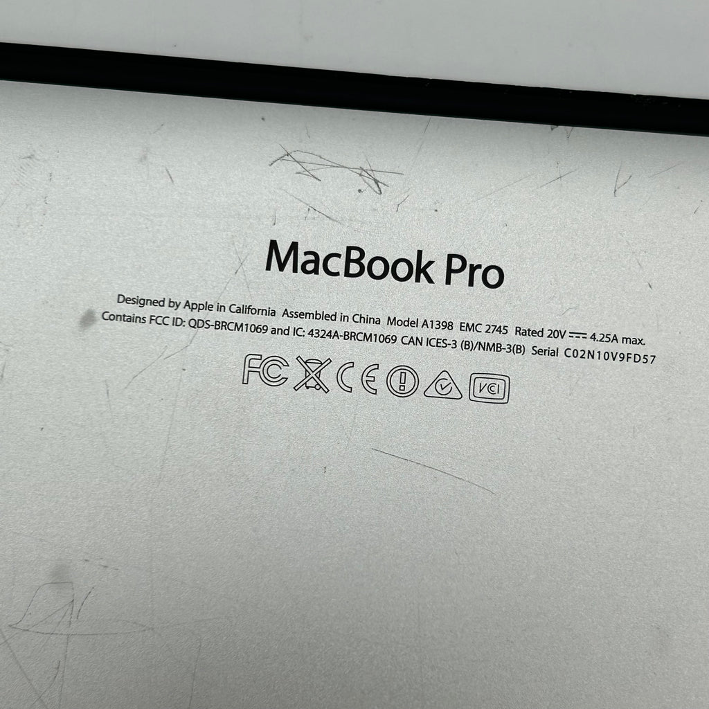 Apple MacBook Pro 15.4” Retina, A1398, 2.4 GHz Quad-Core i7, 16GB RAM, 512GB SSD