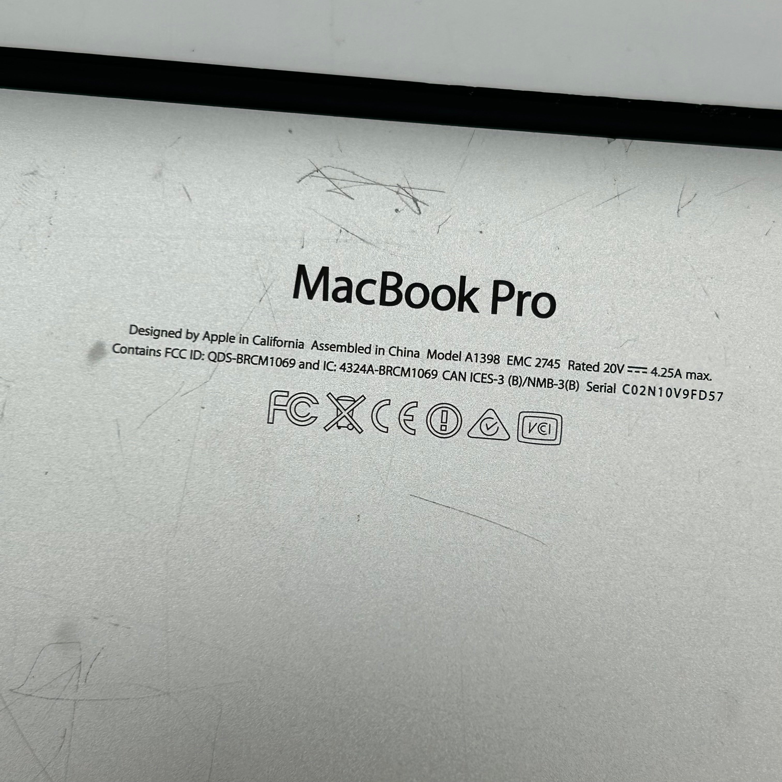 Apple MacBook Pro 15.4” Retina, A1398, 2.4 GHz Quad-Core i7, 16GB RAM, 512GB SSD