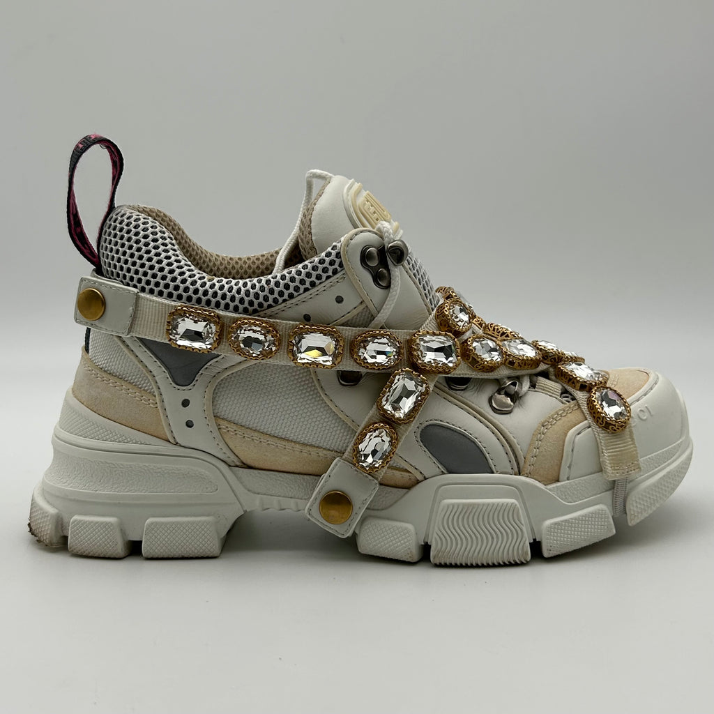 Gucci FlashTrek White Sneakers Women 6.5 Crystal Straps Authentic