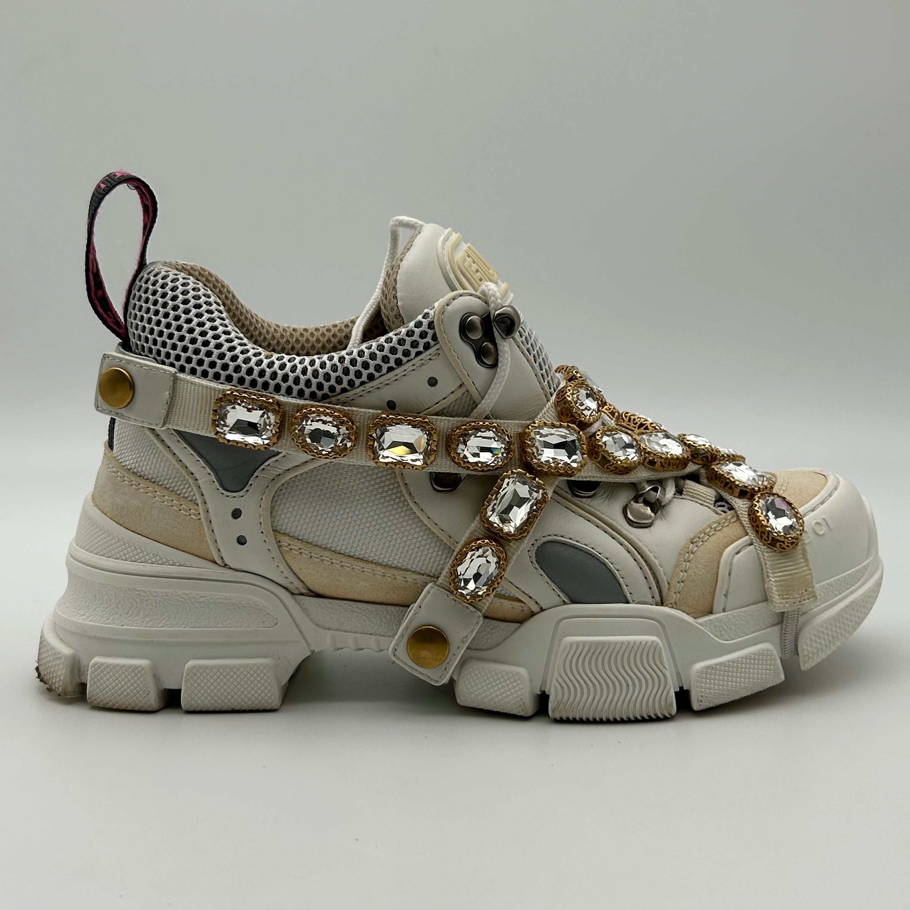 Gucci FlashTrek White Sneakers Women 6.5 Crystal Straps Authentic