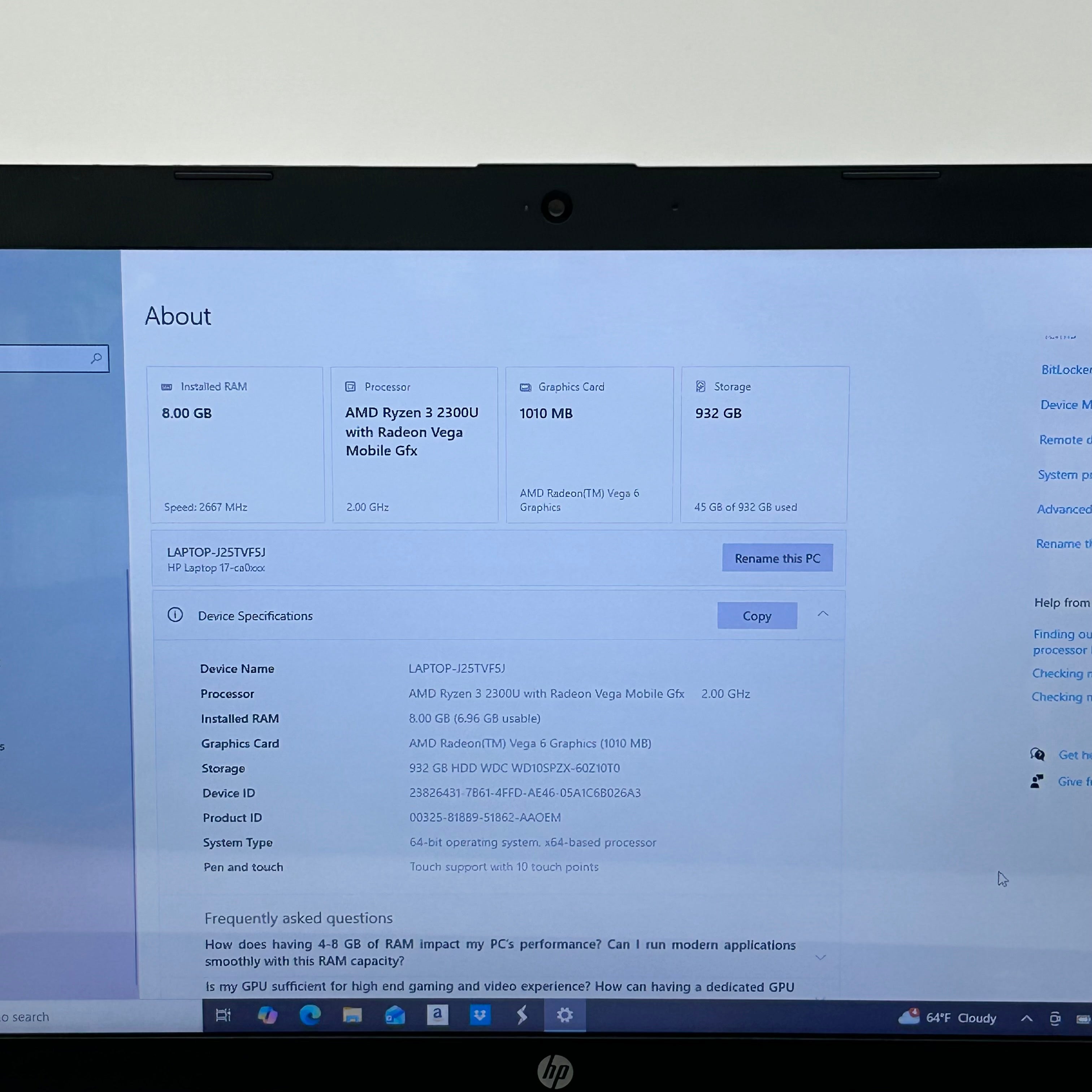 HP Laptop 17-ca0011ds 17.3-inch AMD Ryzen 3 2300U 8GB RAM 1TB HDD Gray