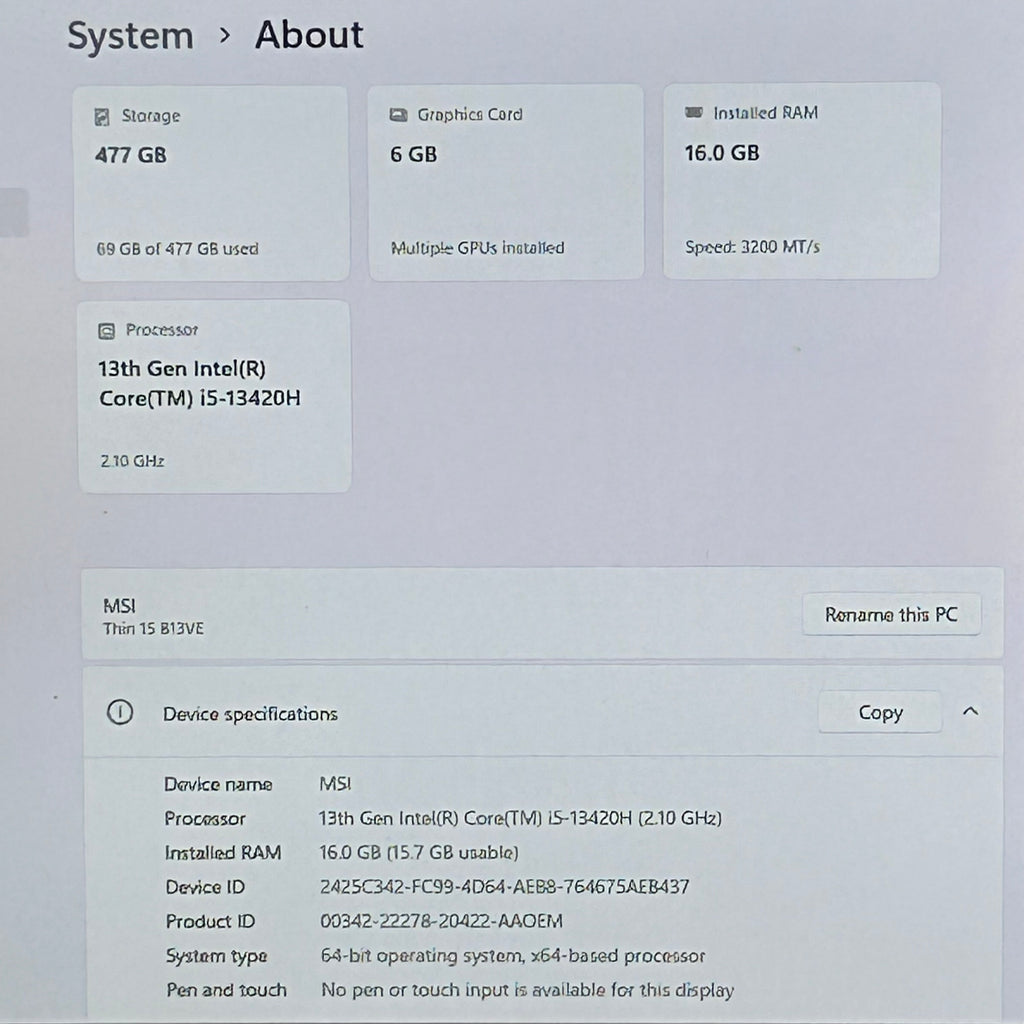 MSI Thin 15 B13VE 15-inch Laptop Core i5 13th Gen RTX 4050 16GB RAM 500GB SSD