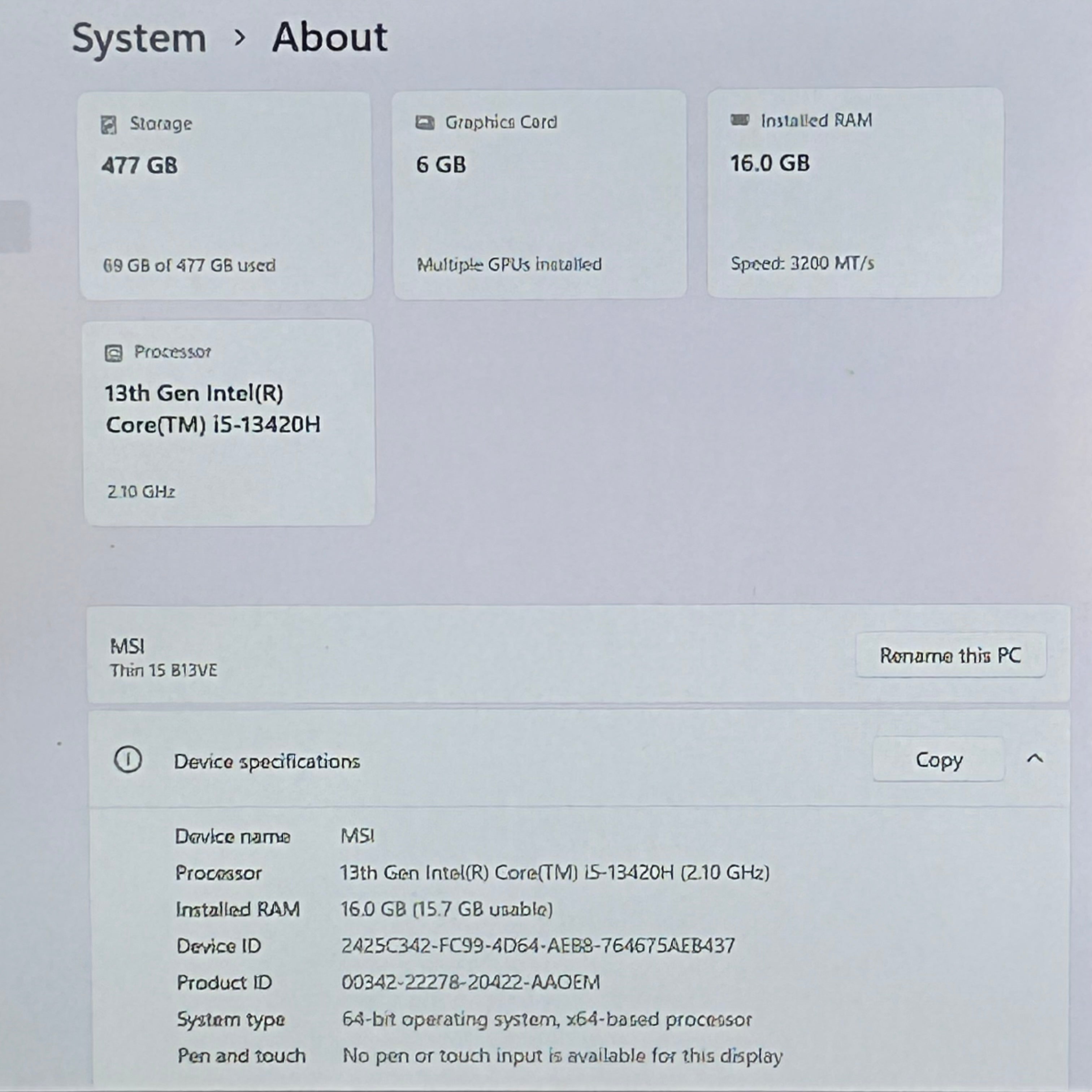 MSI Thin 15 B13VE 15-inch Laptop Core i5 13th Gen RTX 4050 16GB RAM 500GB SSD