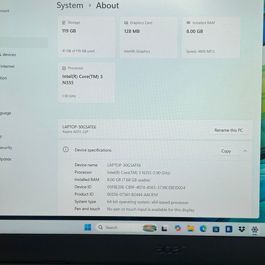 Dell Aspire Go 15 Laptop - Intel Core TM 3 N355, 8GB RAM, 128GB SSD, w/ Charger