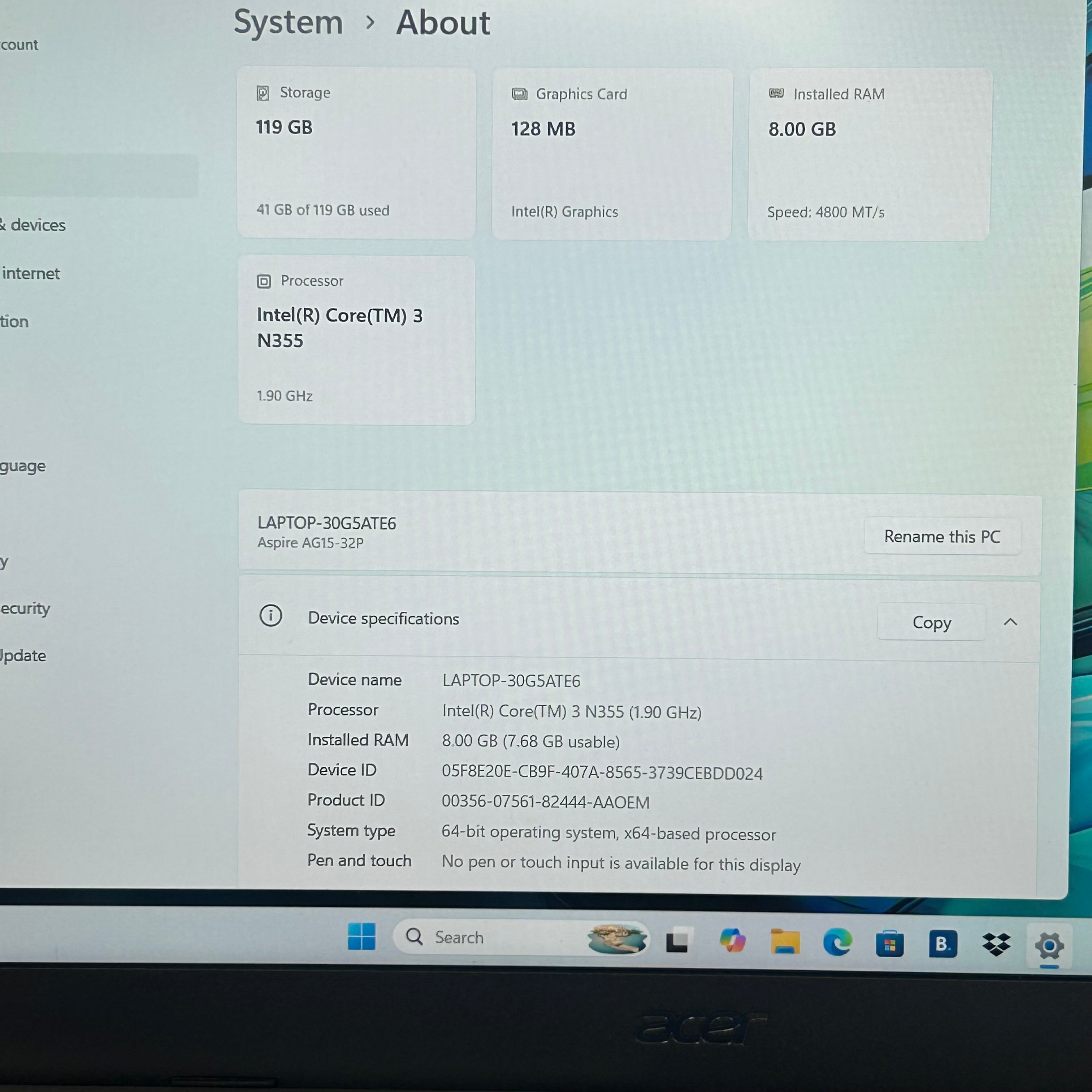 Dell Aspire Go 15 Laptop - Intel Core TM 3 N355, 8GB RAM, 128GB SSD, w/ Charger