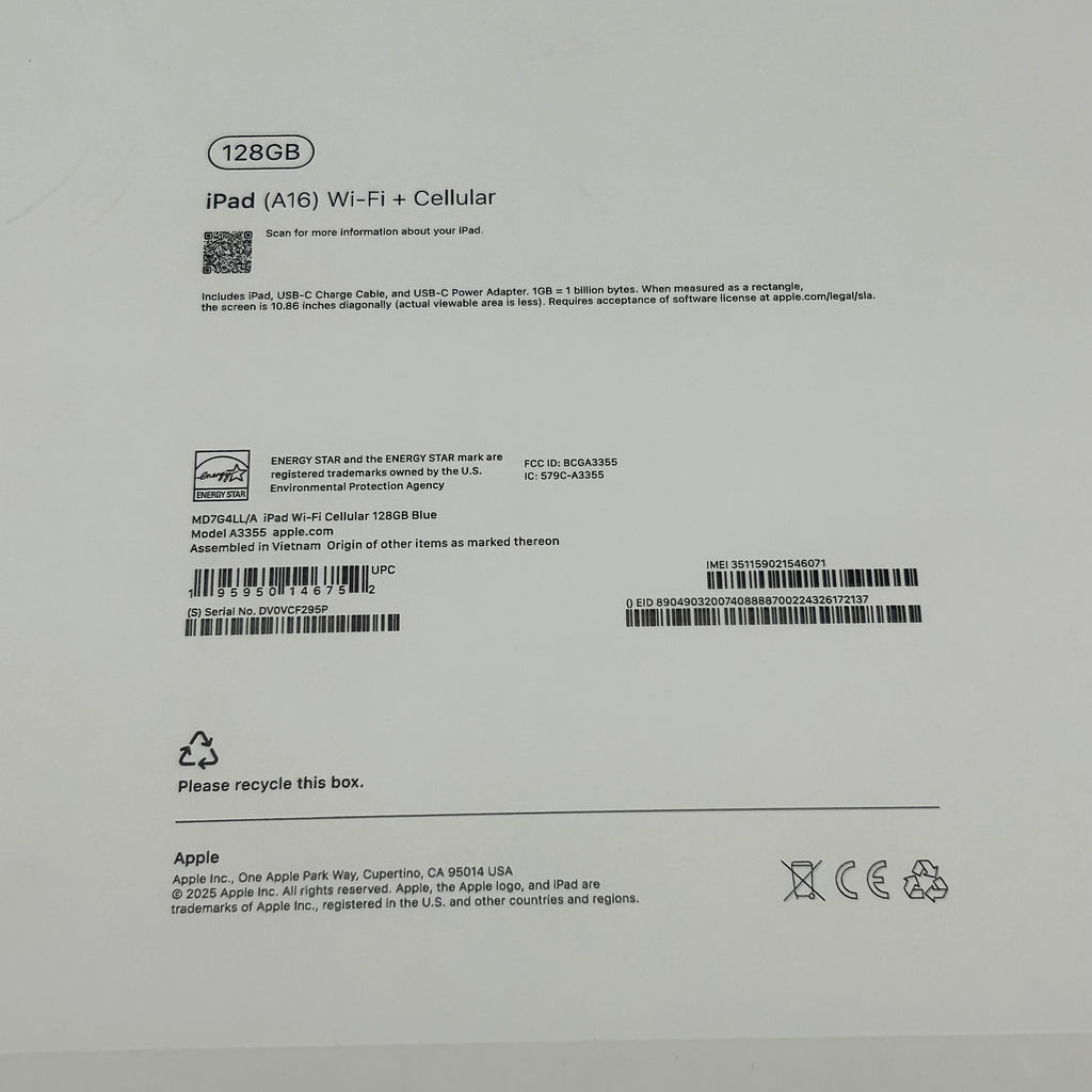 Verizon Apple iPad 11th Gen A16 (2025) (WiFi + Cellular) 128GB Blue - New Open Box