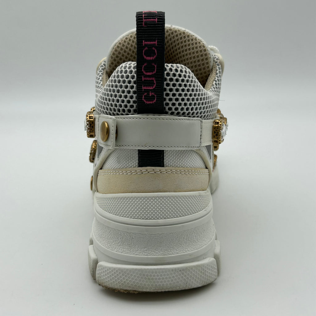 Gucci FlashTrek White Sneakers Women 6.5 Crystal Straps Authentic