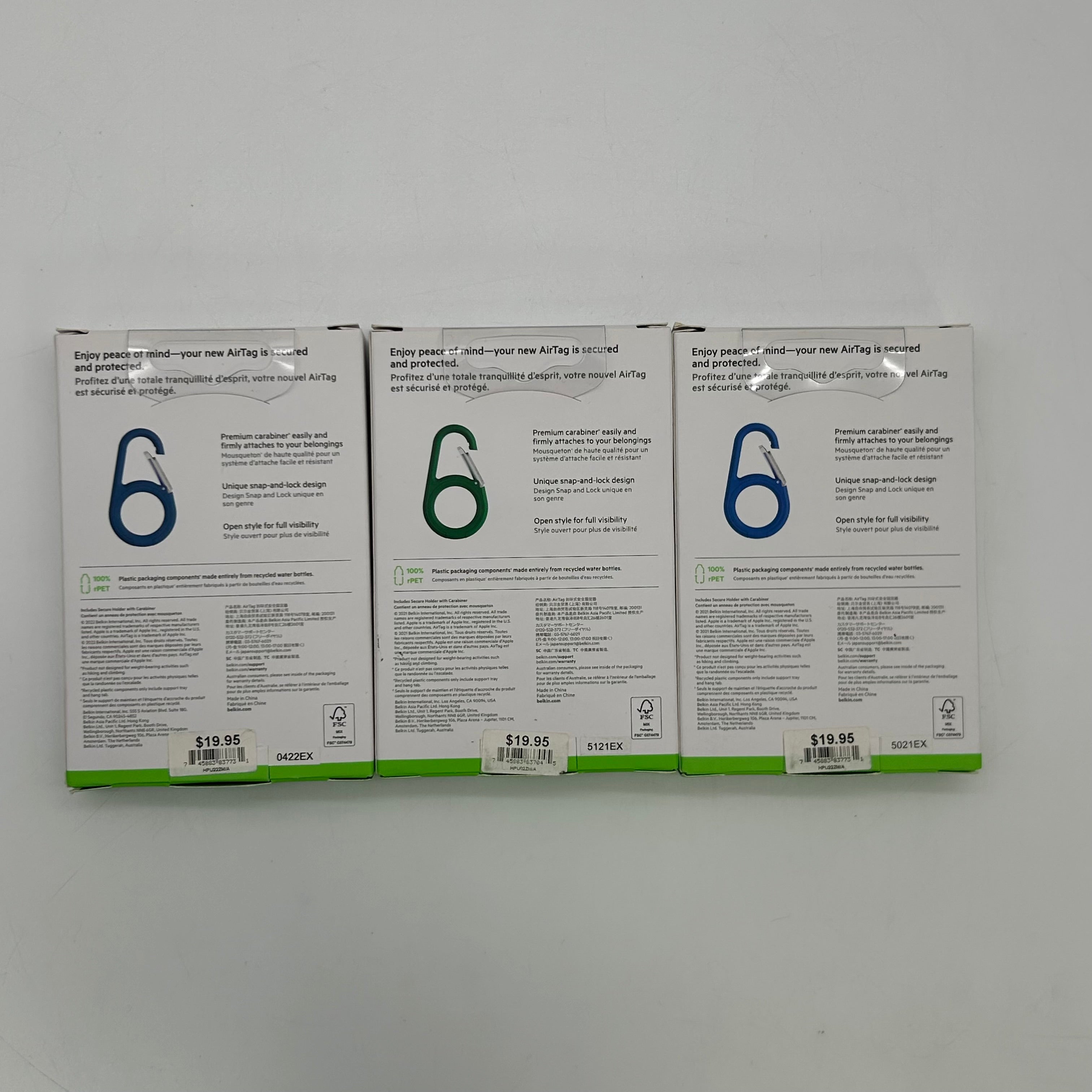Belkin Secure Holder with Carabiner for Apple AirTag MSC008 - 3 Pack (Blue/Green)