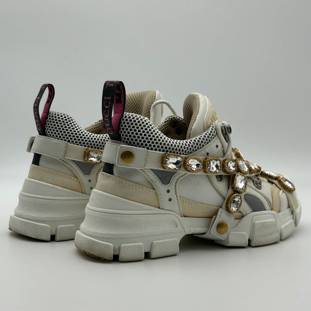 Gucci FlashTrek White Sneakers Women 6.5 Crystal Straps Authentic