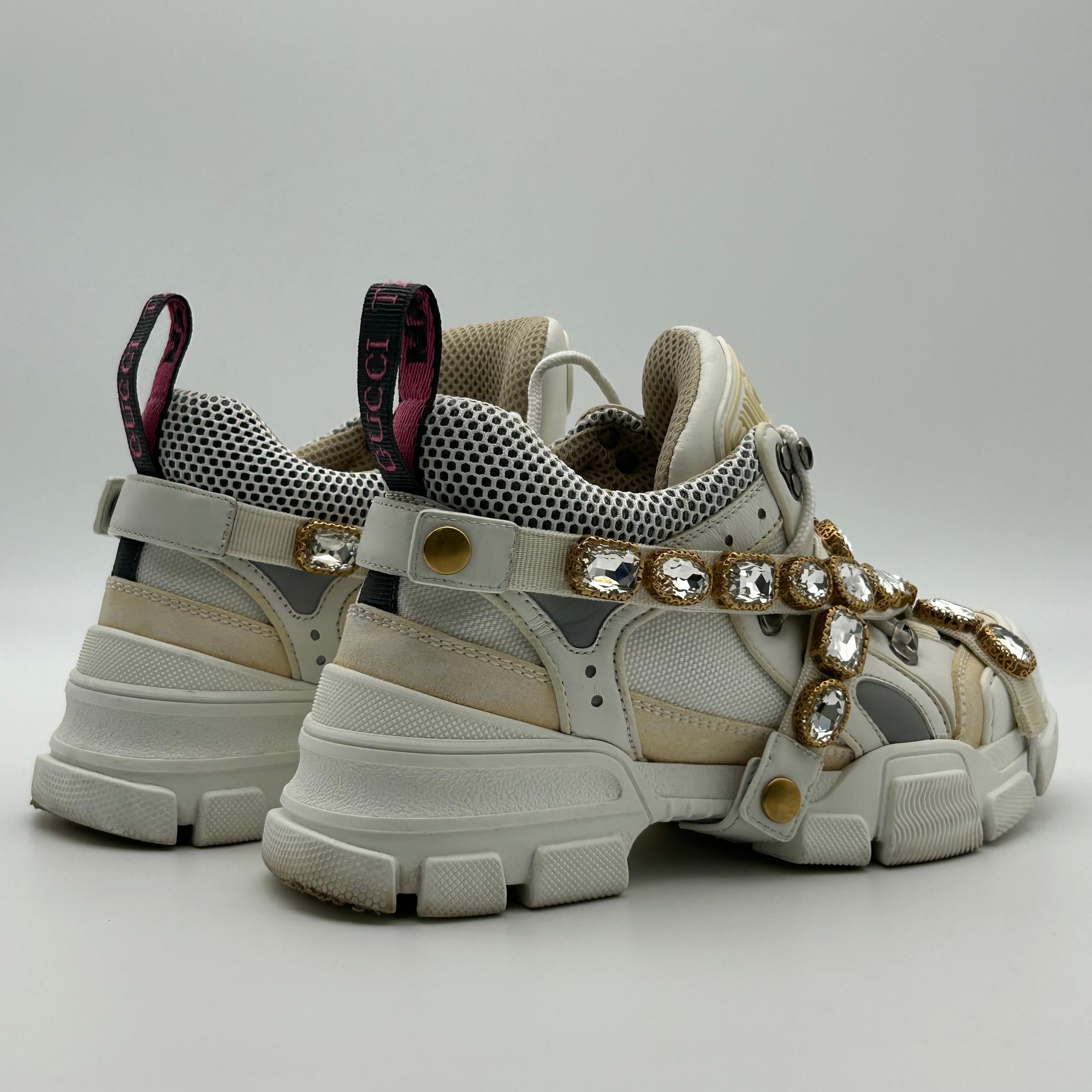 Gucci FlashTrek White Sneakers Women 6.5 Crystal Straps Authentic