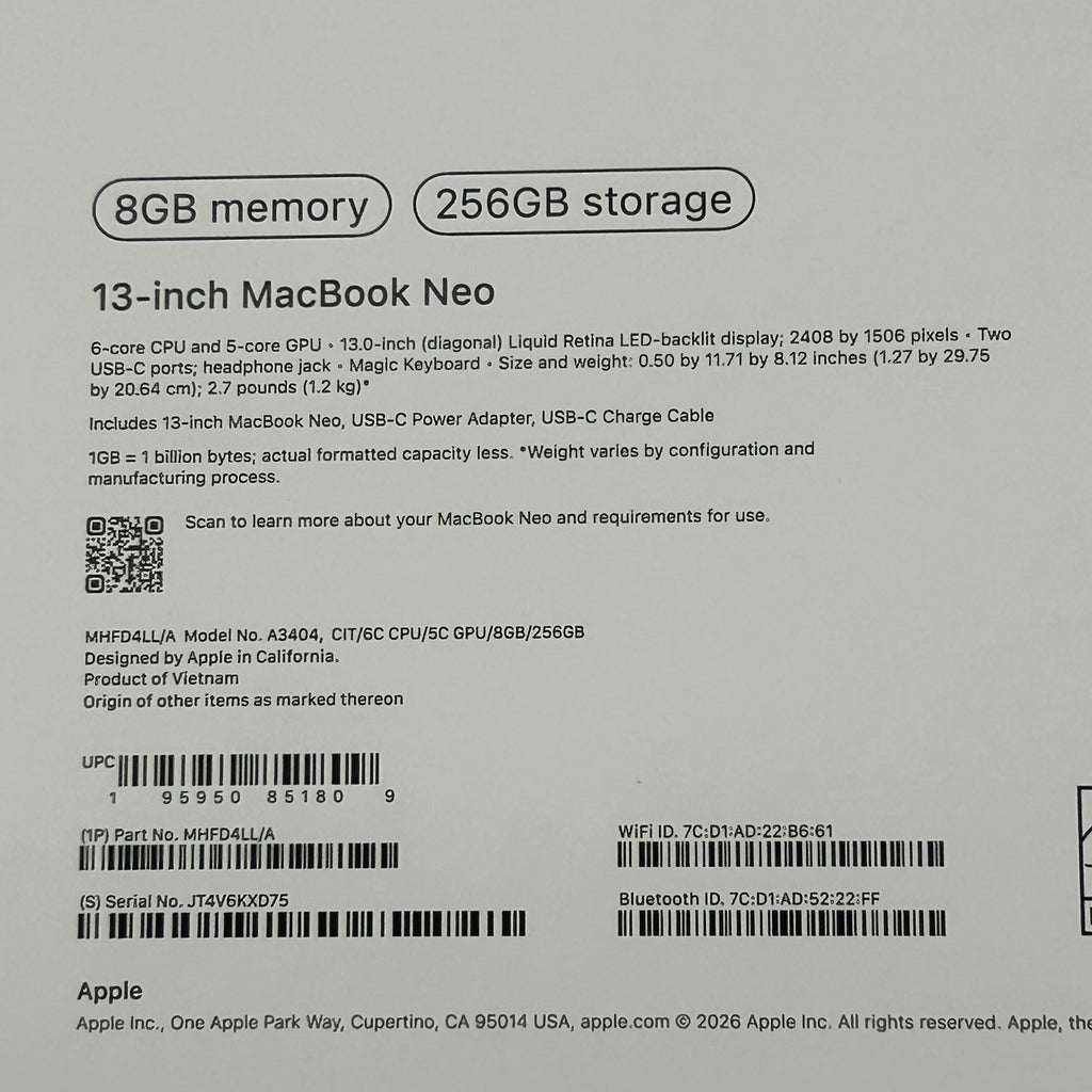 Apple MacBook Neo 13in Citrus 8GB RAM 256GB SSD Backlit KB NIB