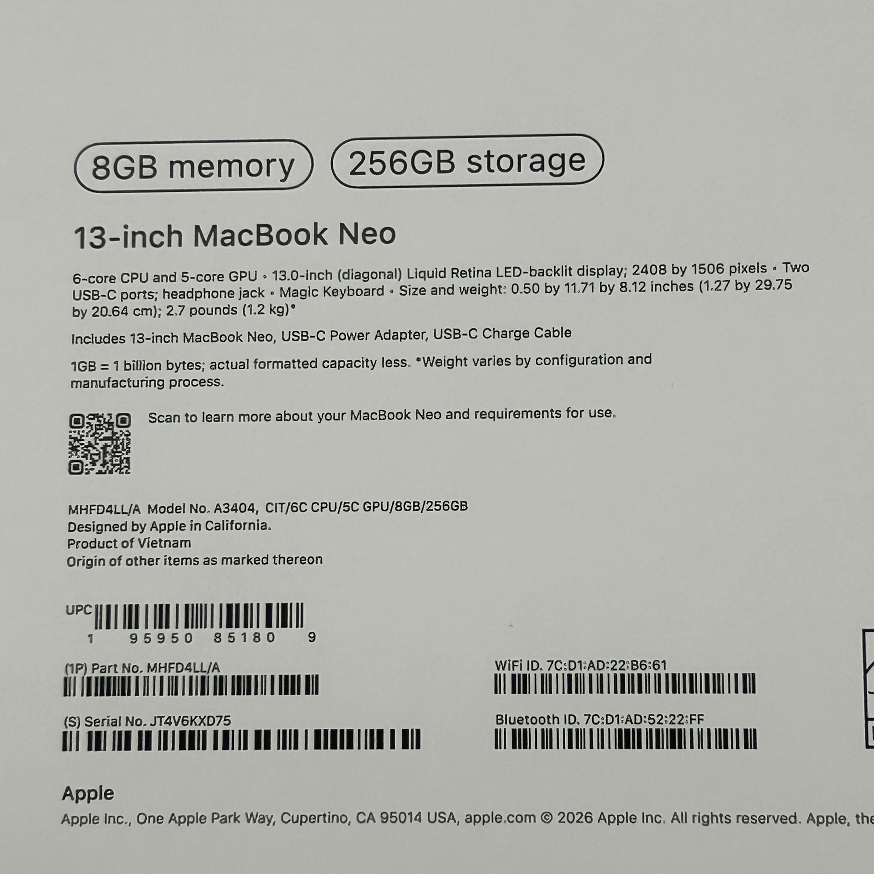 Apple MacBook Neo 13in Citrus 8GB RAM 256GB SSD Backlit KB NIB