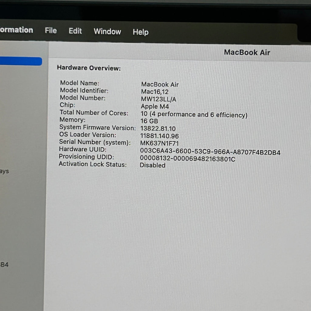 Apple MacBook Air 13-inch M4 A3240 16GB RAM 256GB w/ Cable + Warranty