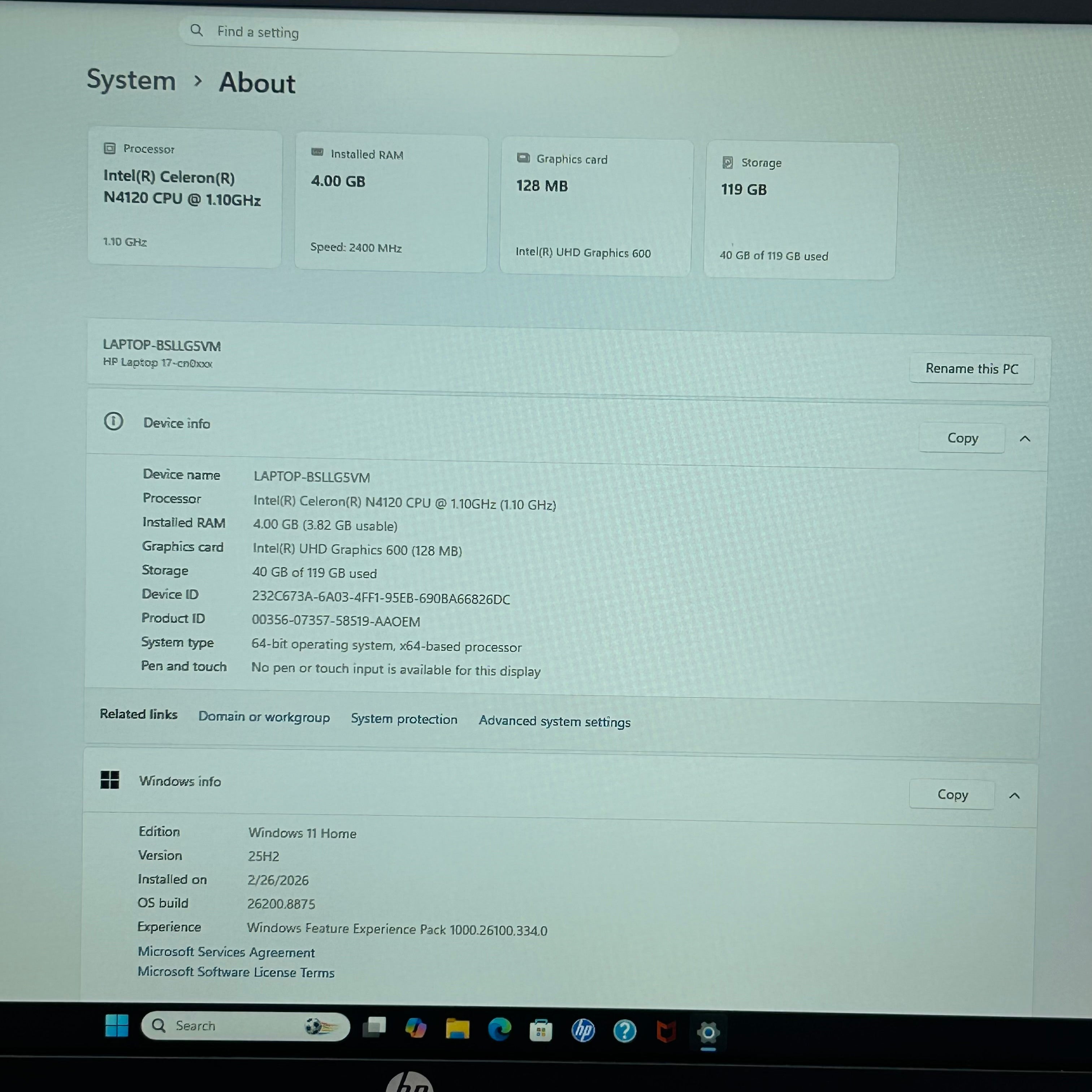 HP 17-cn0611ds Intel Celeron N4120 4GB RAM 128GB Silver