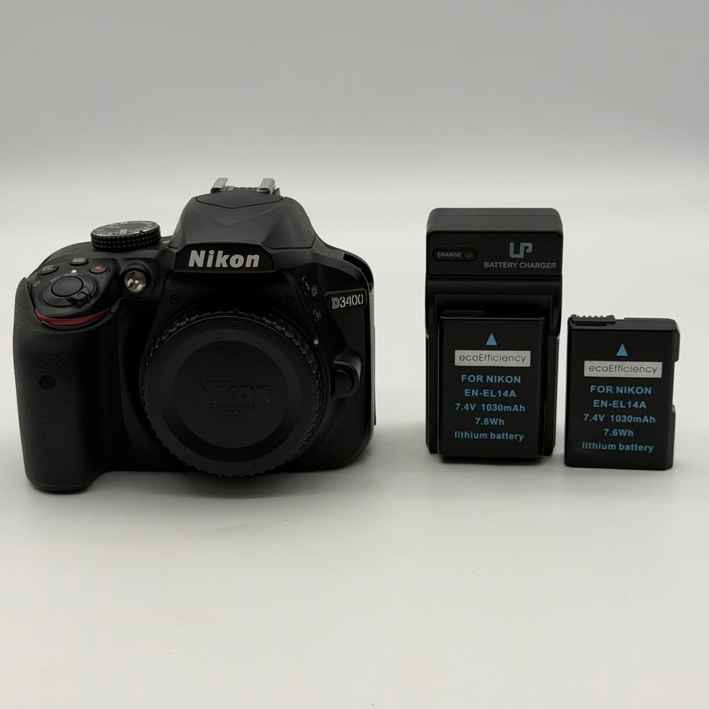 Nikon D3400 Digital SLR Camera 24.2MP + AF-P DX VR 18-55mm Lens & 2 Batteries