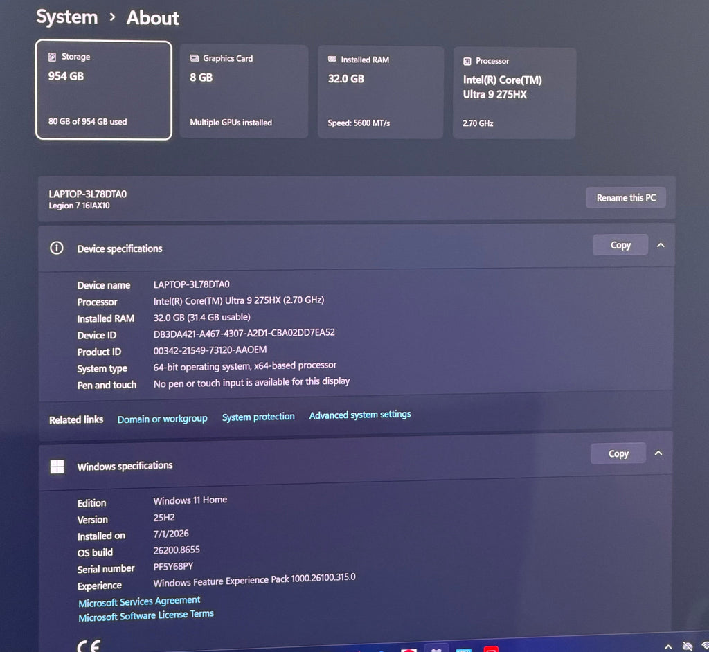 Lenovo Legion 7 16IAX10 16" Core Ultra 9 275HX 2.7GHz 32GB RAM 1TB SSD GeForce RTX 5070