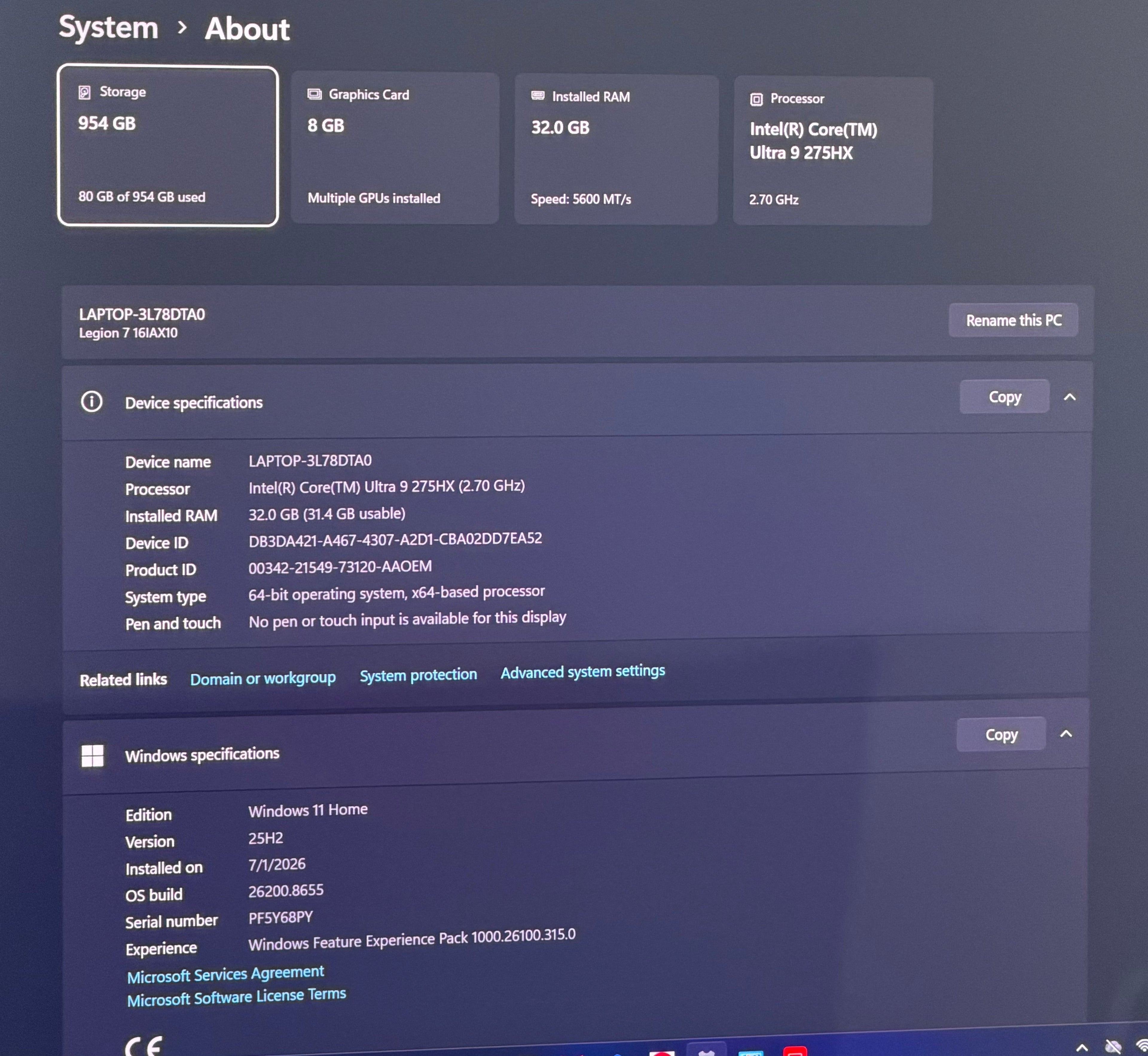Lenovo Legion 7 16IAX10 16" Core Ultra 9 275HX 2.7GHz 32GB RAM 1TB SSD GeForce RTX 5070