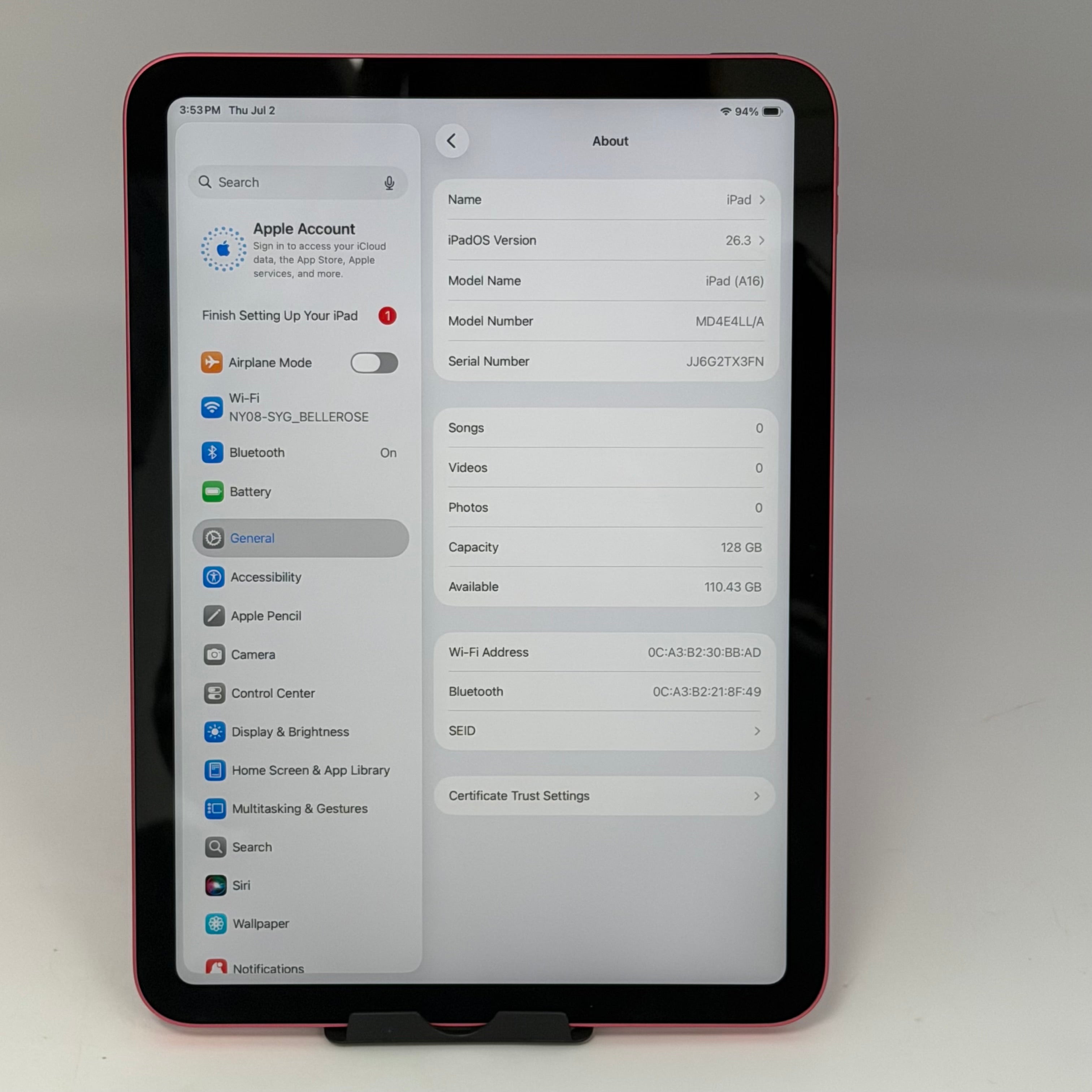 Apple iPad A16 11th Gen (A3354) 128GB Wi-Fi Only 100% Battery with Box