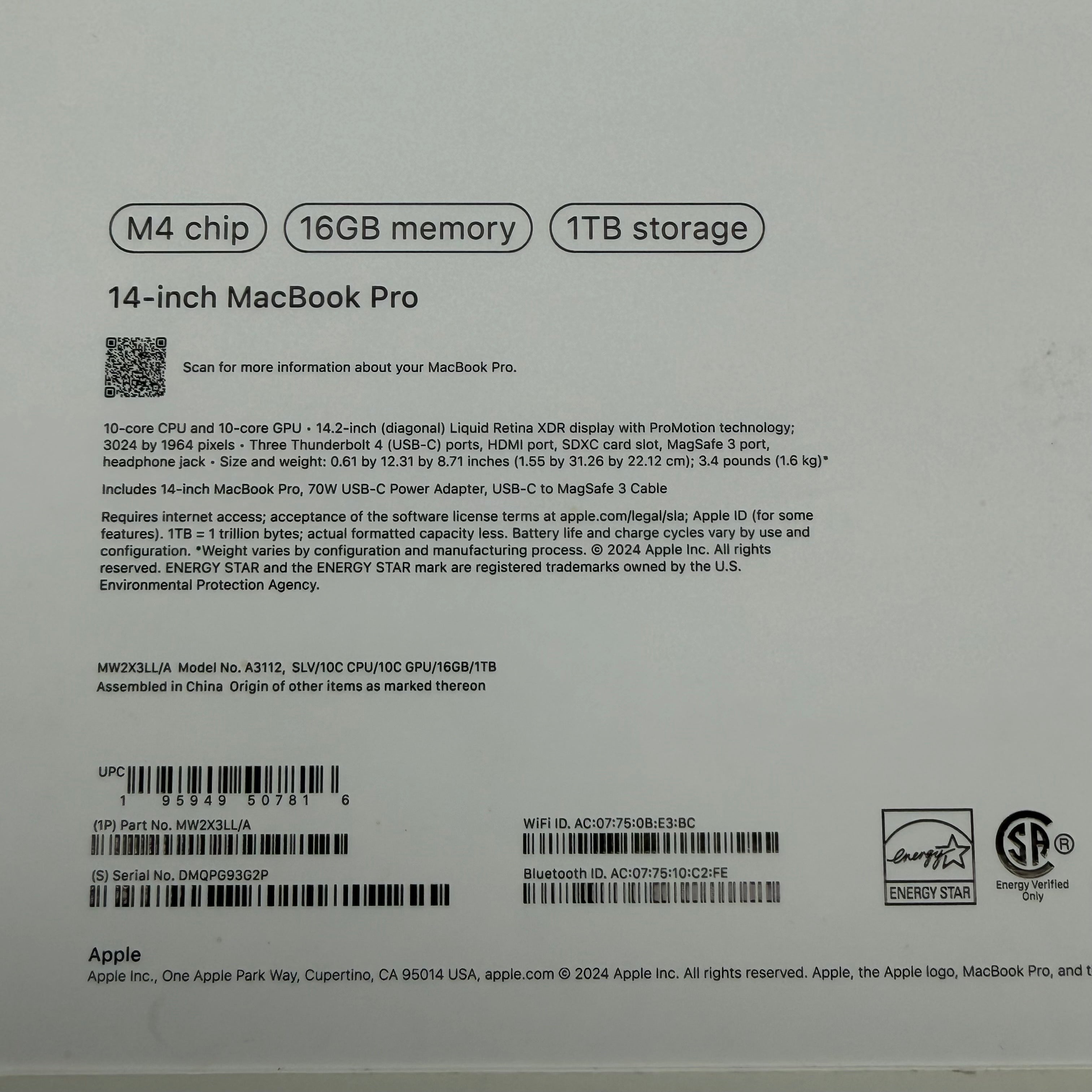 Apple MacBook Pro 14" M4 4.4GHz 16GB RAM 1TB SSD A3112 100%BH - OPEN BOX
