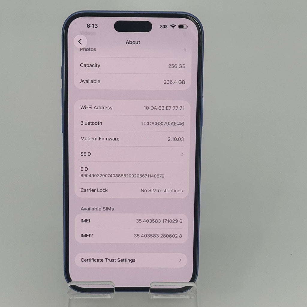 Unlocked Apple iPhone 16 Plus A3082 256GB BH 100% Ultramarine - Clean IMEI