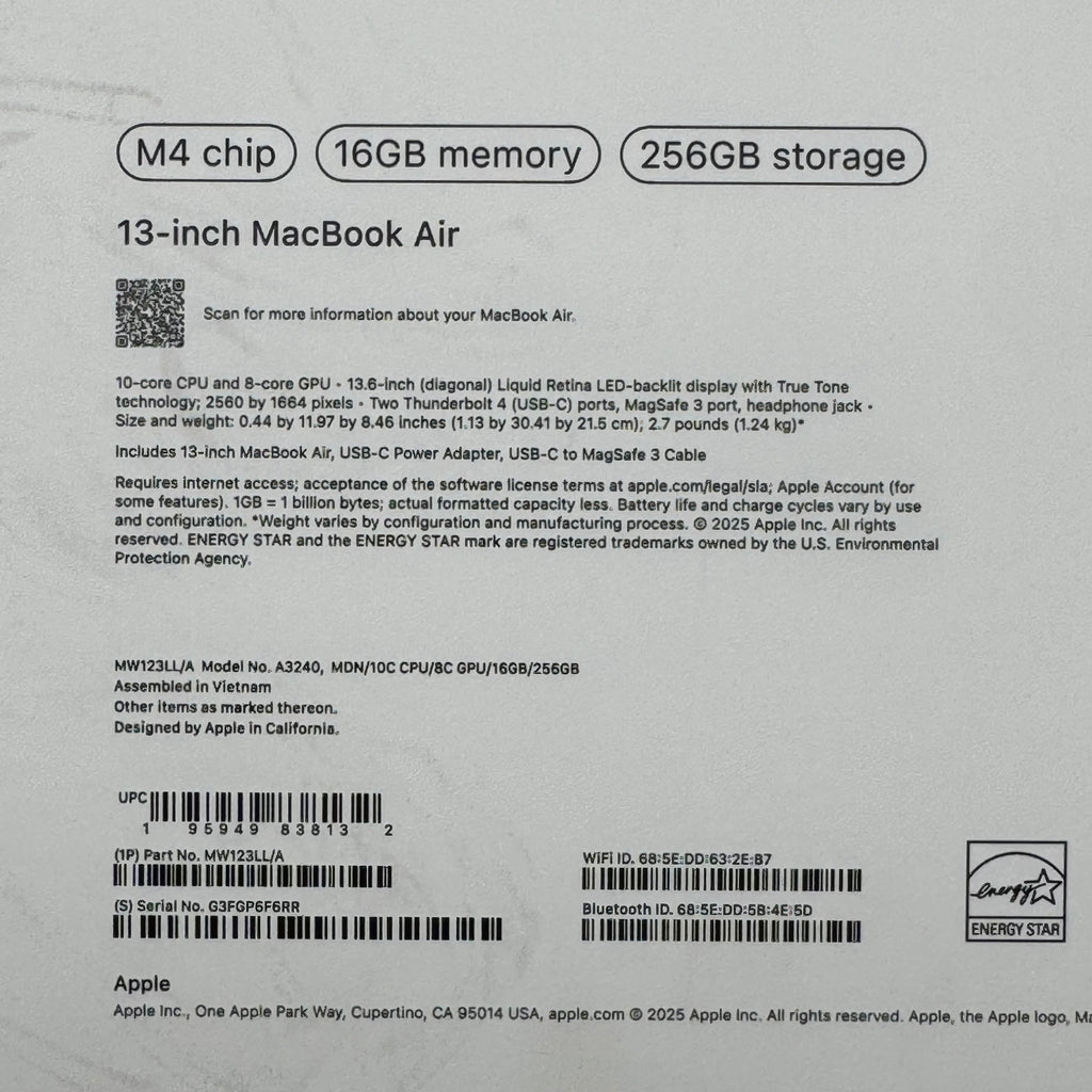 Apple MacBook Air 13 M4 16GB RAM 256GB SSD A3240 2025 Blue 7 Battery Cycle Count