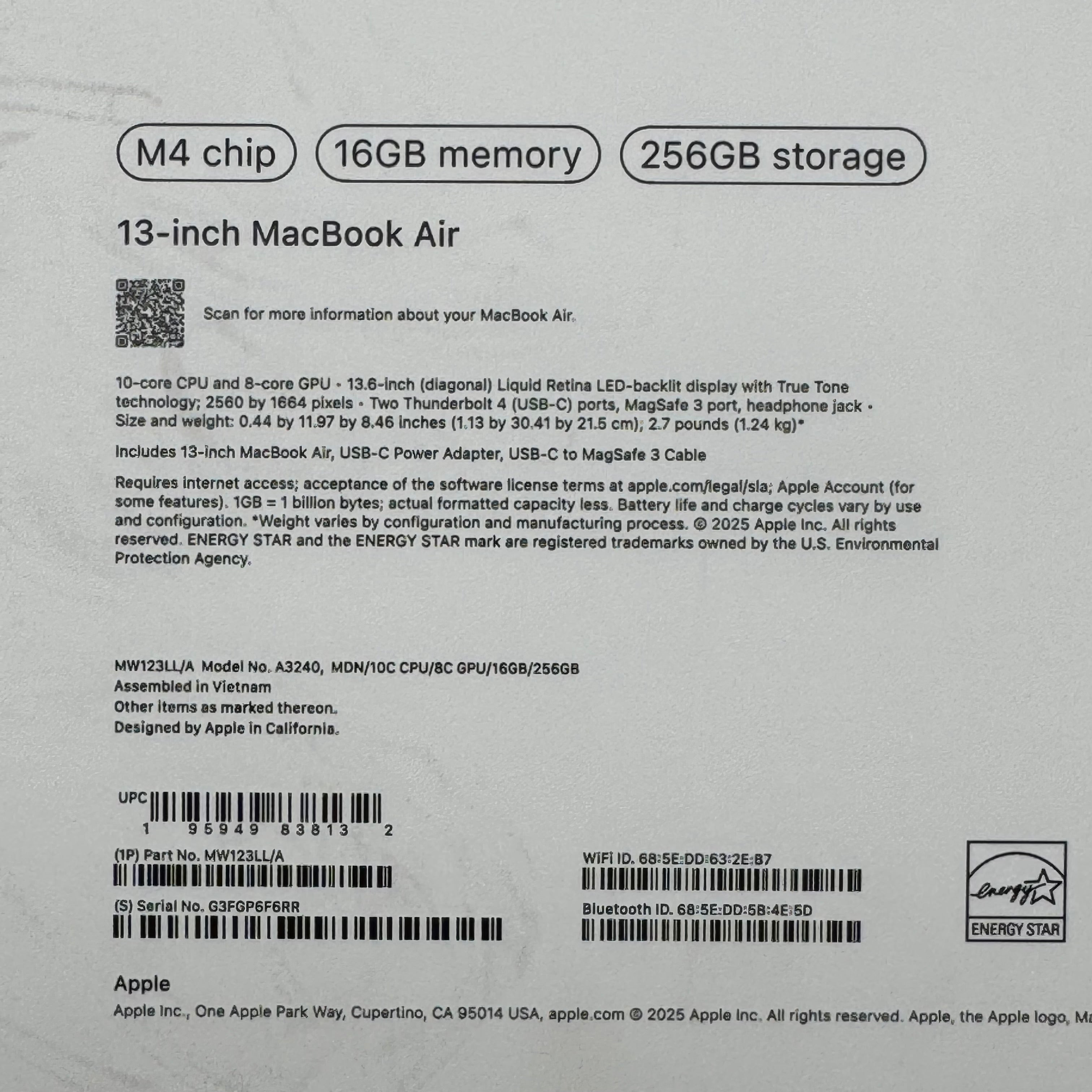 Apple MacBook Air 13 M4 16GB RAM 256GB SSD A3240 2025 Blue 7 Battery Cycle Count