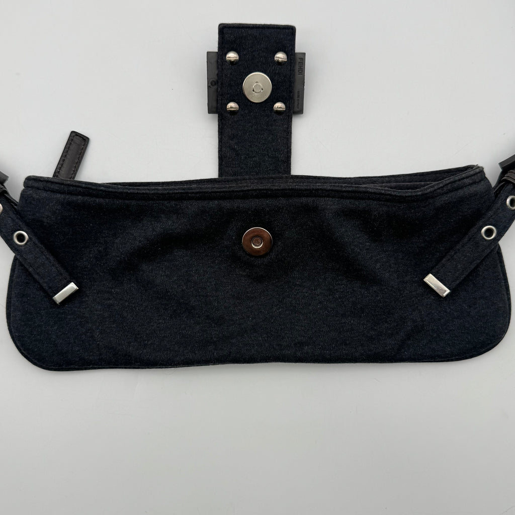 FENDI Mamma Baguette Shoulder Bag Handbag Black Cotton FF Logo Hardware