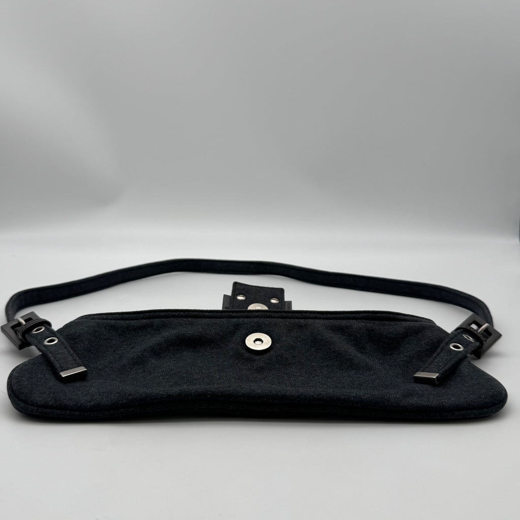 FENDI Mamma Baguette Shoulder Bag Handbag Black Cotton FF Logo Hardware
