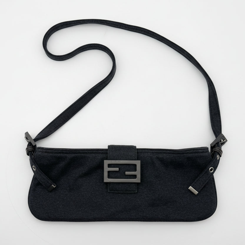 FENDI Mamma Baguette Shoulder Bag Handbag Black Cotton FF Logo Hardware