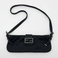 FENDI Mamma Baguette Shoulder Bag Handbag Black Cotton FF Logo Hardware