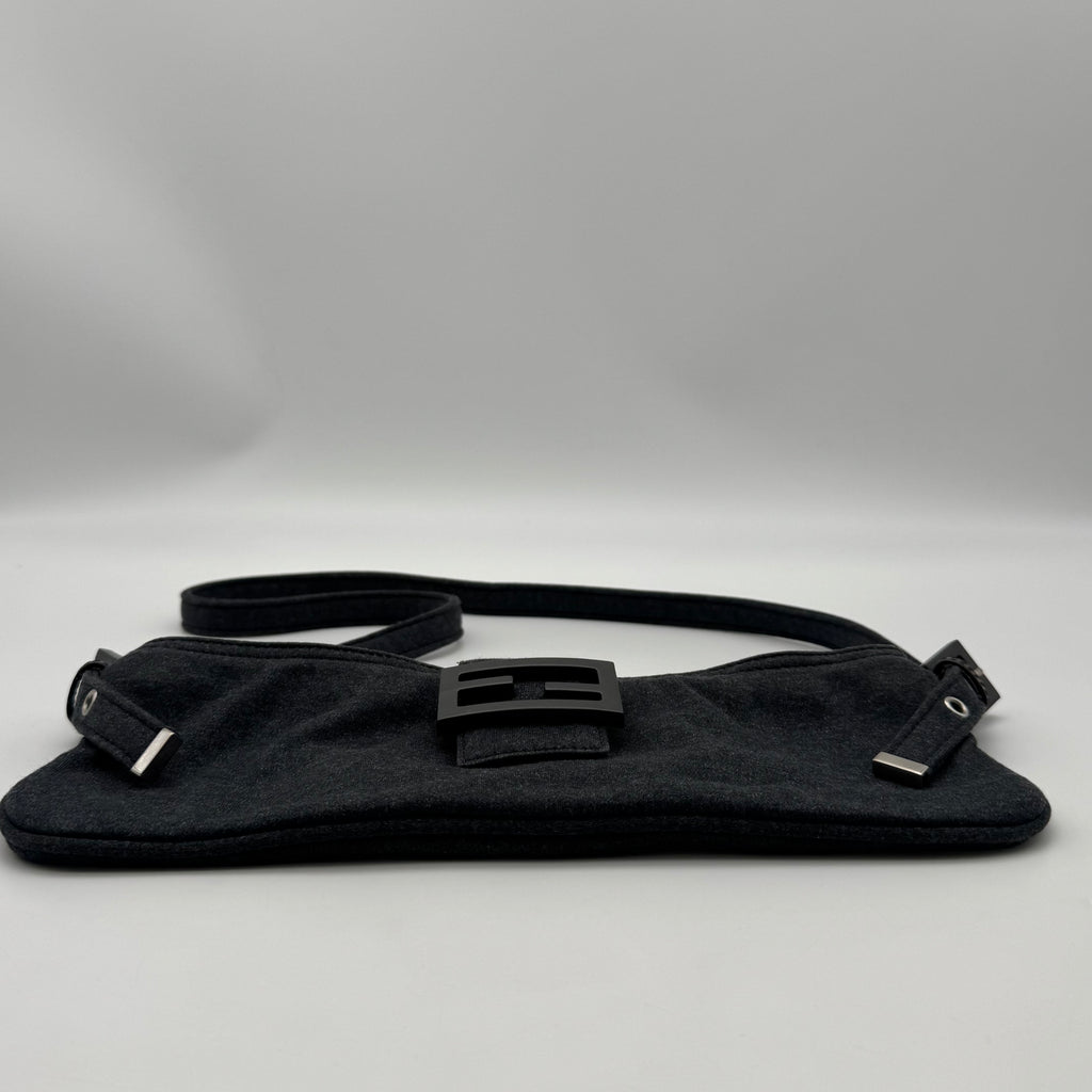 FENDI Mamma Baguette Shoulder Bag Handbag Black Cotton FF Logo Hardware