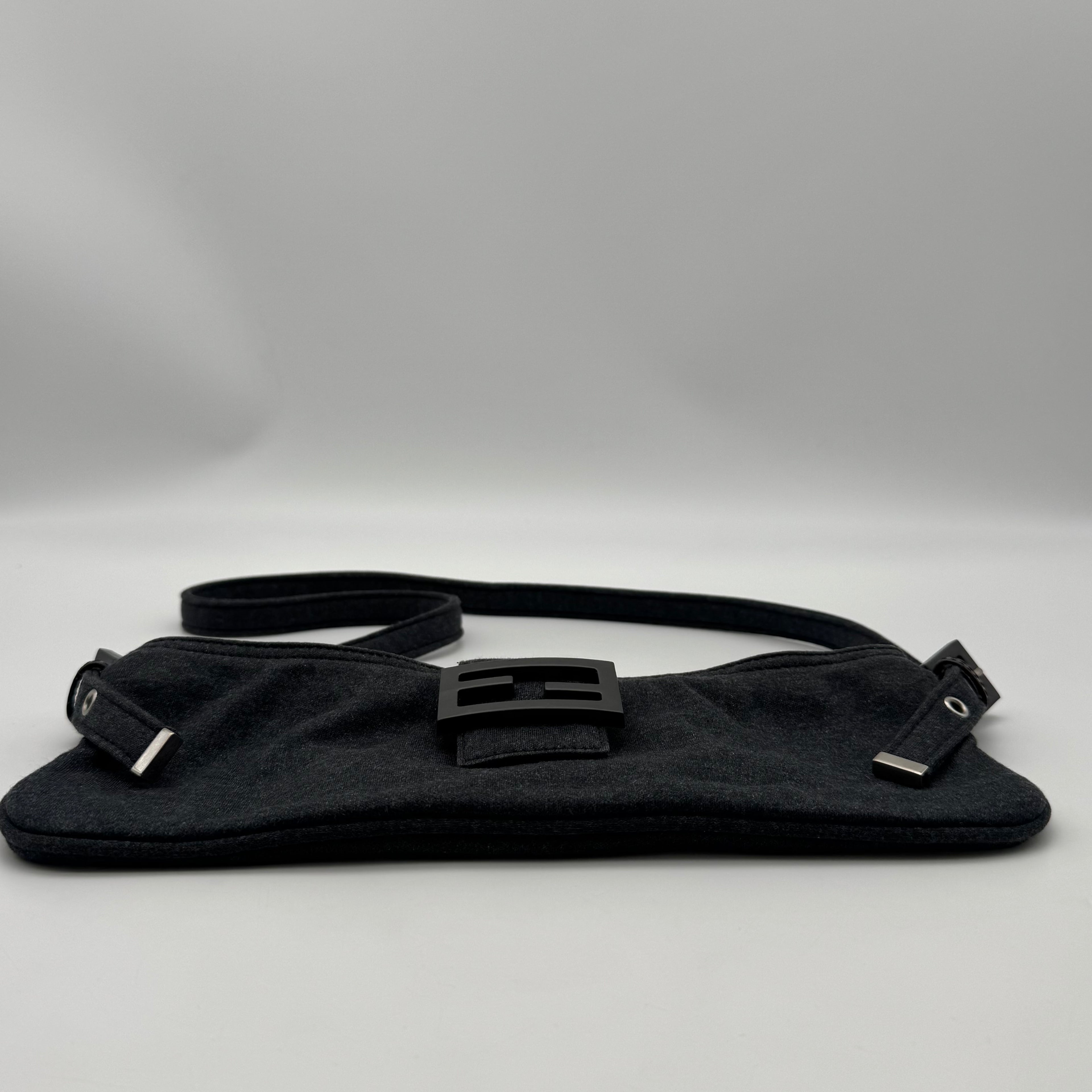 FENDI Mamma Baguette Shoulder Bag Handbag Black Cotton FF Logo Hardware