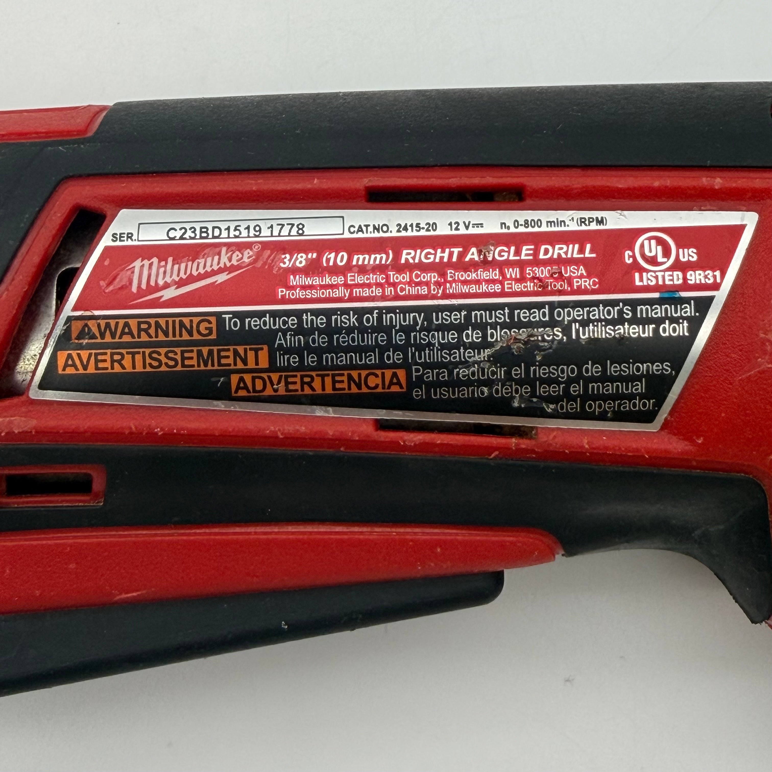 Milwaukee 2415-20 M12 12V 3/8-Inch Cordless Right Angle Drill with M12 Charger and Drill Bit  TESTED