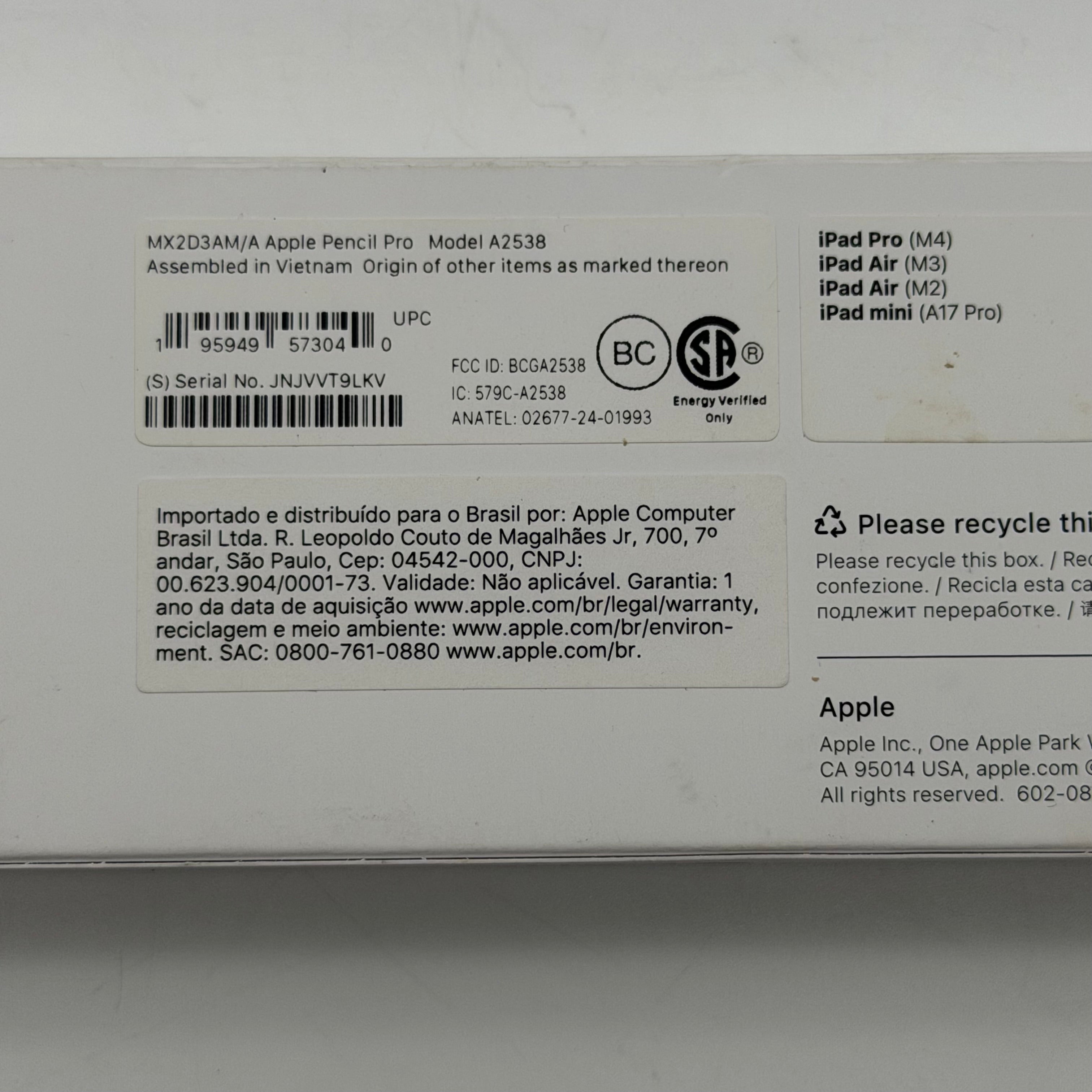Apple Pencil Pro White MX2D3AM/A- Model A2538, Good Condition, with Original Box