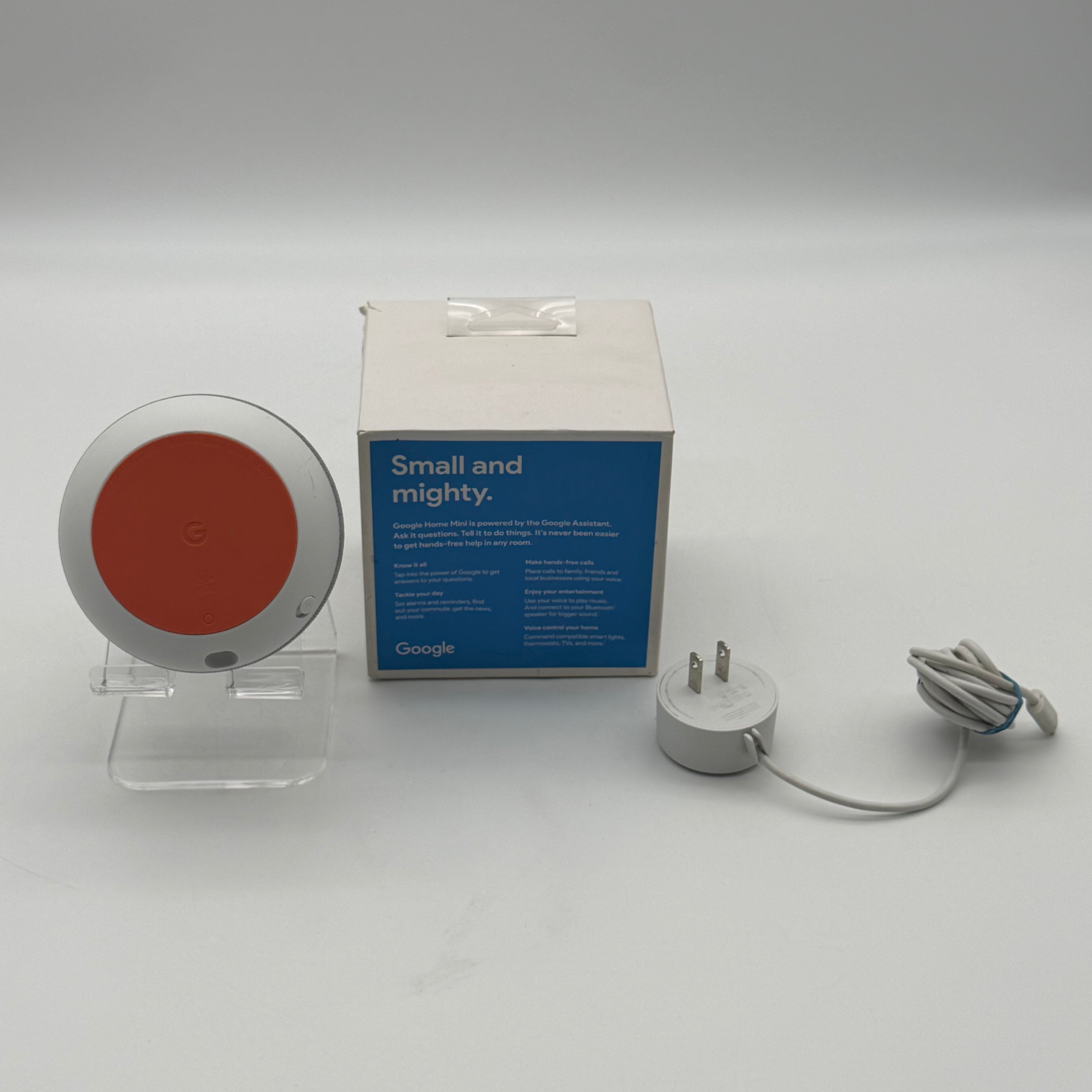 Google Home Mini Smart Speaker Google Assistant Chalk HOA Box AC Adapter Tested