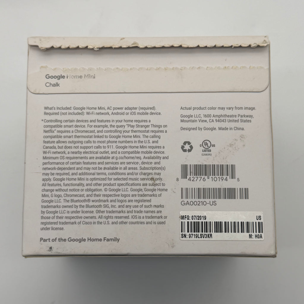 Google Home Mini Smart Speaker Google Assistant Chalk HOA Box AC Adapter Tested