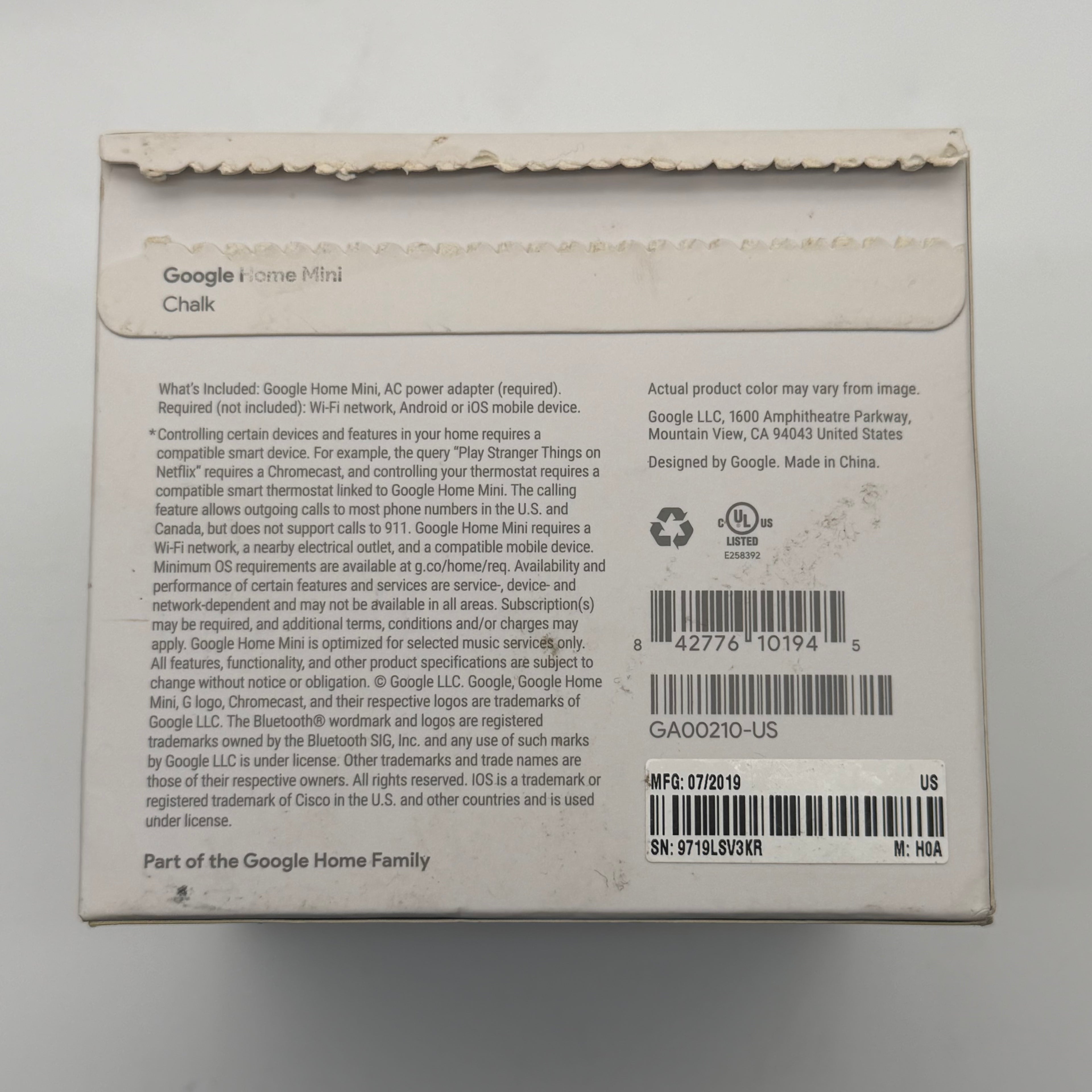 Google Home Mini Smart Speaker Google Assistant Chalk HOA Box AC Adapter Tested